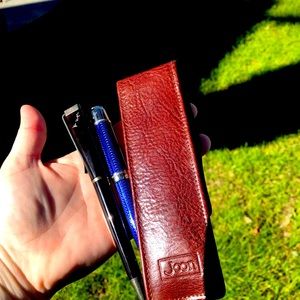 Set of 2 Montblanc pens and leather holder